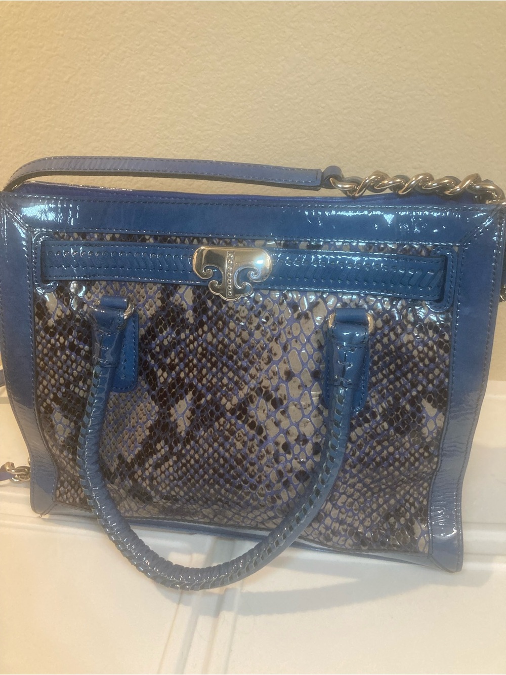 Brighton Renault Python and Blue Patent Leather Handbag